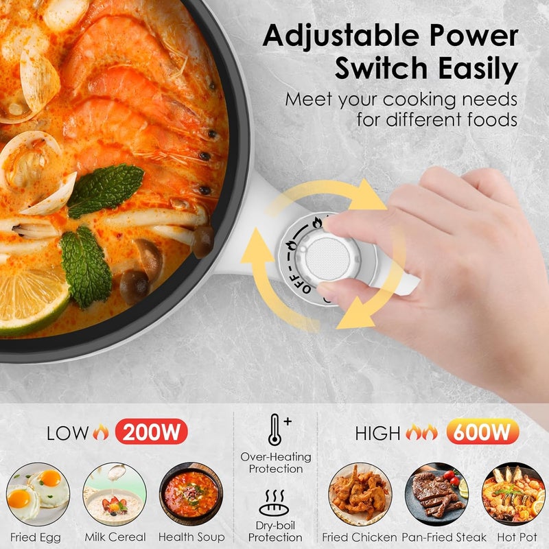 Audecook Hot Pot Electric, 1.7L Mini Electric Skillet Portable Nonstick Sauté Pan with Power Adjustment, Ramen Cooker Travel Multicooker for Steak/Soup/Egg/Oatmeal/Noodles (Tongs for Cooking Included) - Image 3